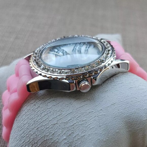 Women Wristwatch Pink Rubber Strap Silver Tone Case Crystal Accent Bezel Watch - Picture 11 of 11